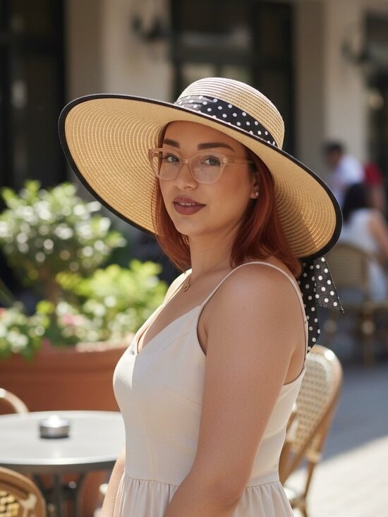 Unbranded Accessories - Chic Wide Brim Summer Hat with Polka Dot Band